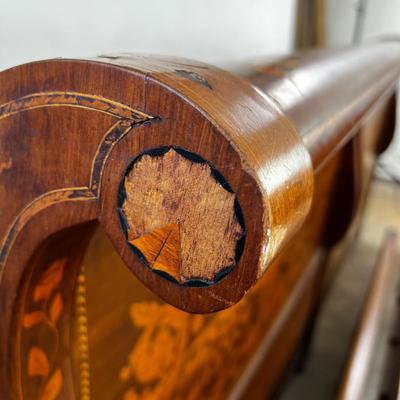 1326 Antique Dutch Marquetry Inlay Twin Size Sleigh Bed Frame