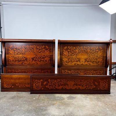 1326 Antique Dutch Marquetry Inlay Twin Size Sleigh Bed Frame