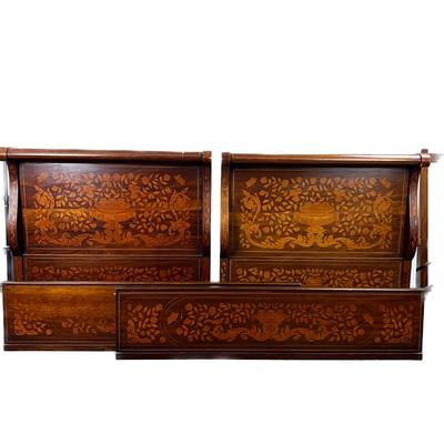 1326 Antique Dutch Marquetry Inlay Twin Size Sleigh Bed Frame