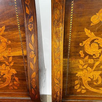 1326 Antique Dutch Marquetry Inlay Twin Size Sleigh Bed Frame