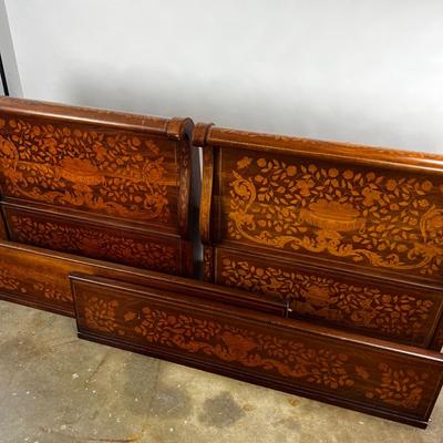 1326 Antique Dutch Marquetry Inlay Twin Size Sleigh Bed Frame