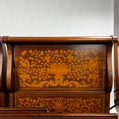 1327 Antique Dutch Marquetry Inlay Twin Size Sleigh Bed Frame