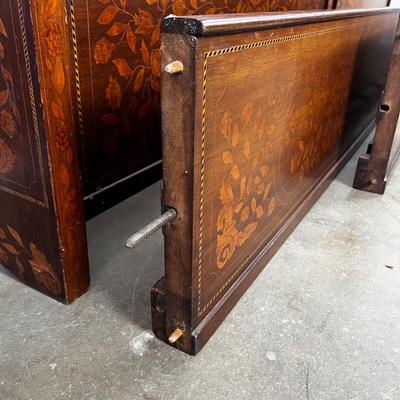 1327 Antique Dutch Marquetry Inlay Twin Size Sleigh Bed Frame
