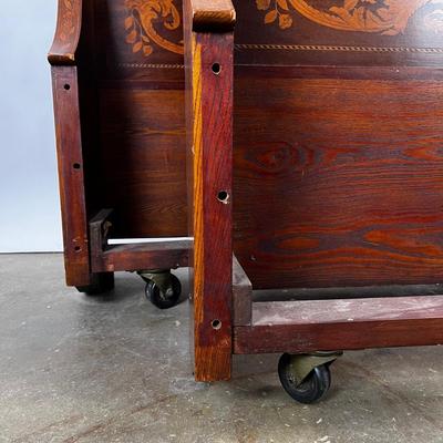 1327 Antique Dutch Marquetry Inlay Twin Size Sleigh Bed Frame