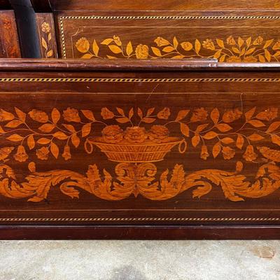 1327 Antique Dutch Marquetry Inlay Twin Size Sleigh Bed Frame