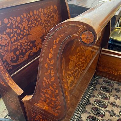 1327 Antique Dutch Marquetry Inlay Twin Size Sleigh Bed Frame