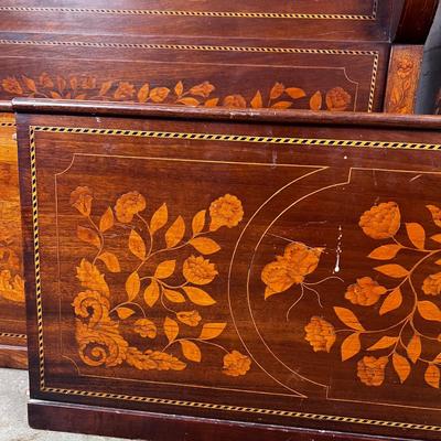 1327 Antique Dutch Marquetry Inlay Twin Size Sleigh Bed Frame