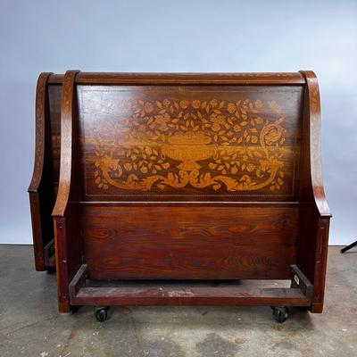 1327 Antique Dutch Marquetry Inlay Twin Size Sleigh Bed Frame