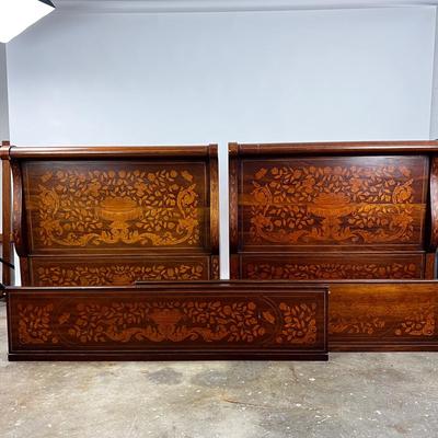 1327 Antique Dutch Marquetry Inlay Twin Size Sleigh Bed Frame
