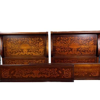1327 Antique Dutch Marquetry Inlay Twin Size Sleigh Bed Frame