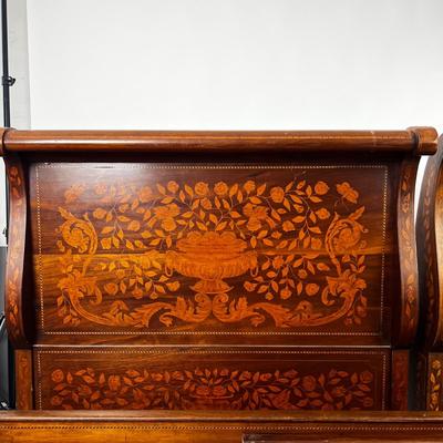 1327 Antique Dutch Marquetry Inlay Twin Size Sleigh Bed Frame
