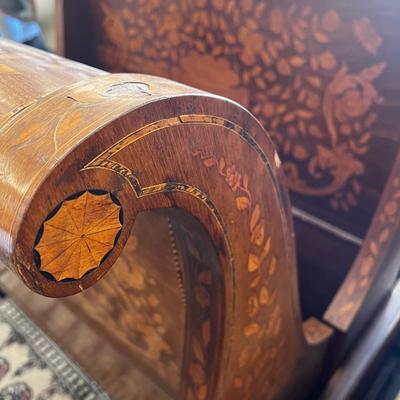 1327 Antique Dutch Marquetry Inlay Twin Size Sleigh Bed Frame