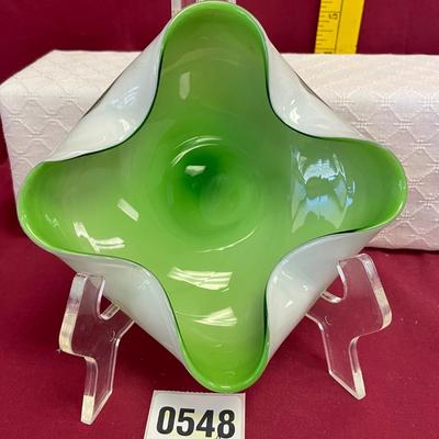 Vtg white cased green glass biomorphic ashtray
