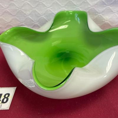 Vtg white cased green glass biomorphic ashtray
