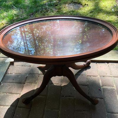 Antique Wooden Glass Top Oval Table (Feet Damaged) -Lot 245