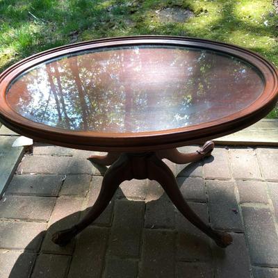 Antique Wooden Glass Top Oval Table (Feet Damaged) -Lot 245