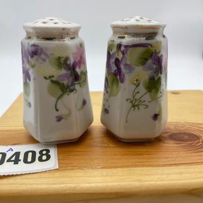 Violet hand painted porcelain salt & pepper shakers