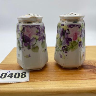 Violet hand painted porcelain salt & pepper shakers