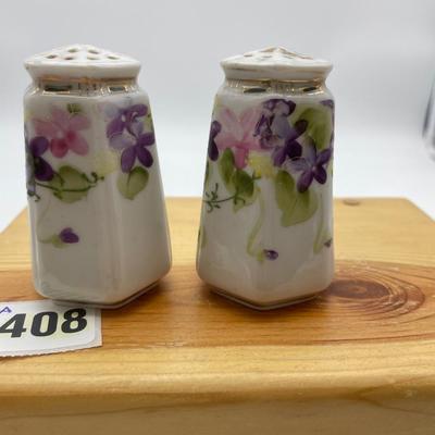 Violet hand painted porcelain salt & pepper shakers