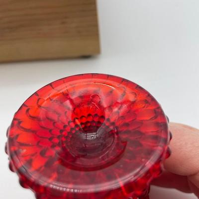 Red hobnail, glass footed candle art