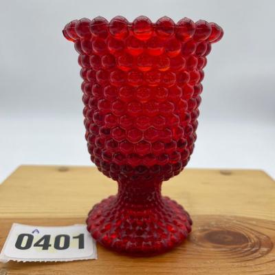 Red hobnail, glass footed candle art