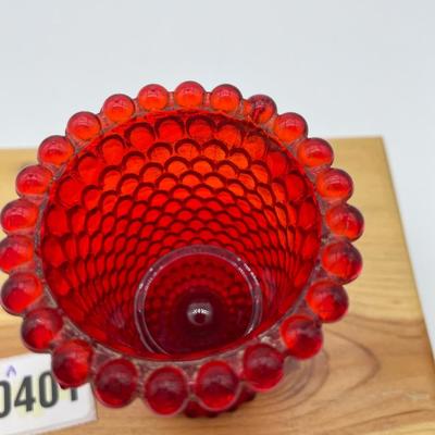 Red hobnail, glass footed candle art