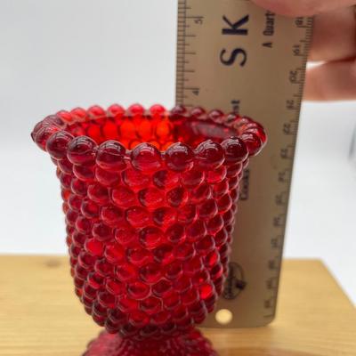 Red hobnail, glass footed candle art