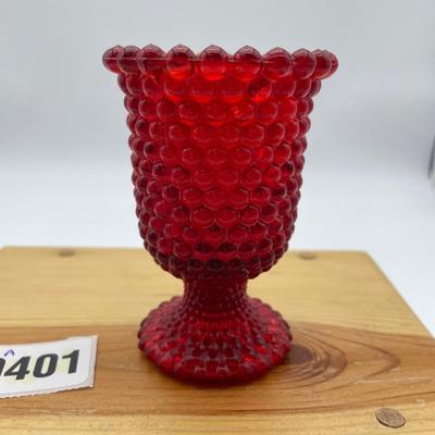 Red hobnail, glass footed candle art