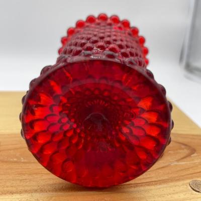 Red hobnail, glass footed candle art