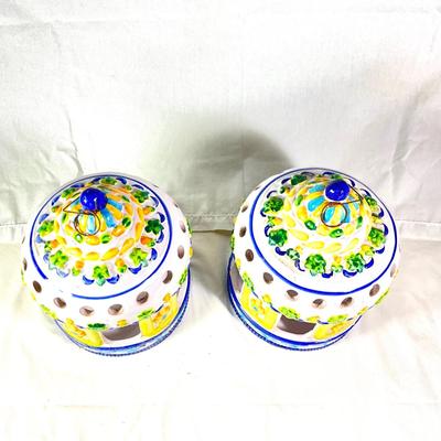 1338 Pair of Vintage Italian Ceramic Gazebo Bird Feeders/ Candleholders