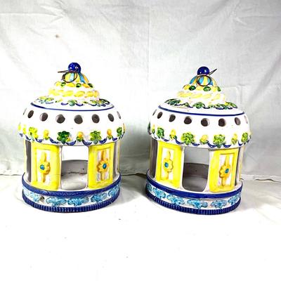1338 Pair of Vintage Italian Ceramic Gazebo Bird Feeders/ Candleholders