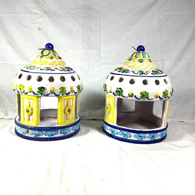 1338 Pair of Vintage Italian Ceramic Gazebo Bird Feeders/ Candleholders