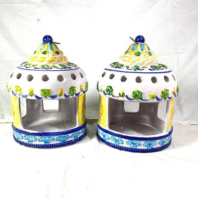 1338 Pair of Vintage Italian Ceramic Gazebo Bird Feeders/ Candleholders