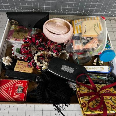 Drawer of Fun stuff: Fan, Jewels, Perfume, etc. 