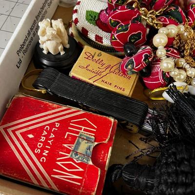 Drawer of Fun stuff: Fan, Jewels, Perfume, etc. 