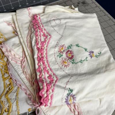 Stack of Crocheted Edge and Embroidered Pillow Cases