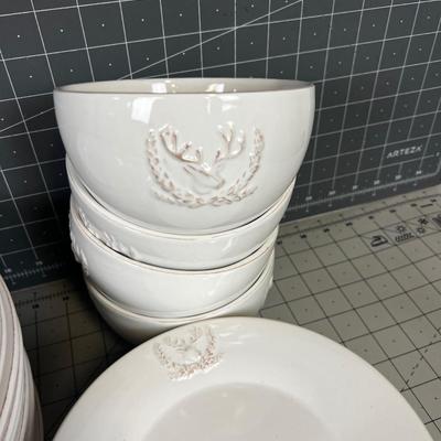 Lot of new White Dishes with Embossed Deer Crest 