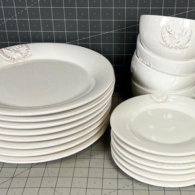 Lot of new White Dishes with Embossed Deer Crest 