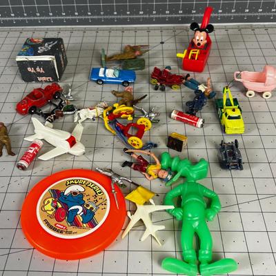 Vintage Toy Pile: Army Men, Toys, Cars, Mickey Mouse