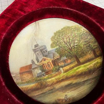 Antique Hand Painted Plates in a red Velvet Frame
