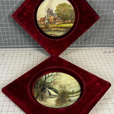 Antique Hand Painted Plates in a red Velvet Frame
