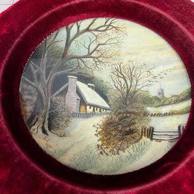 Antique Hand Painted Plates in a red Velvet Frame