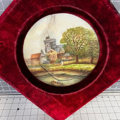 Antique Hand Painted Plates in a red Velvet Frame