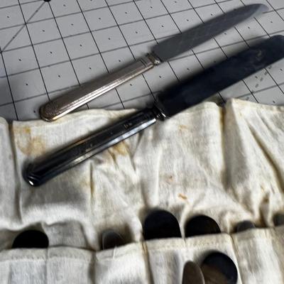 ANTIQUE 12 Silver Plated Dinner Knives in Embroidered Case