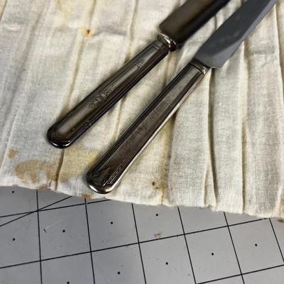 ANTIQUE 12 Silver Plated Dinner Knives in Embroidered Case