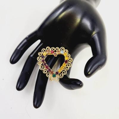 VINTAGE MULTICOLORED RHINESTONE FILIGREE GOLD TONED OPEN HEART BROOCH