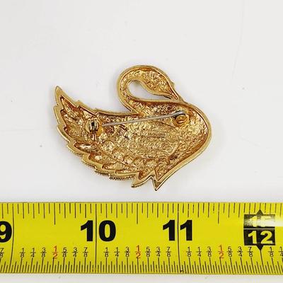 VINTAGE SWAN PARKLANE GOLD & SILVER TONE BROOCH WITH DIAMANTE CRYSTALS