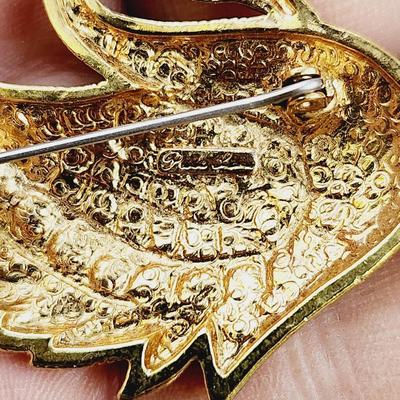 VINTAGE SWAN PARKLANE GOLD & SILVER TONE BROOCH WITH DIAMANTE CRYSTALS