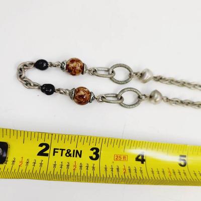 SILVER TONED CHAINED NECKLACE W/ BLACK & BROWN BEADING