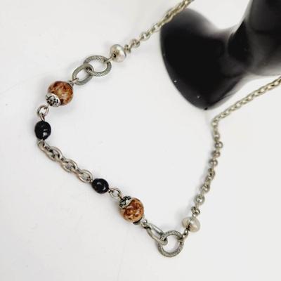 SILVER TONED CHAINED NECKLACE W/ BLACK & BROWN BEADING